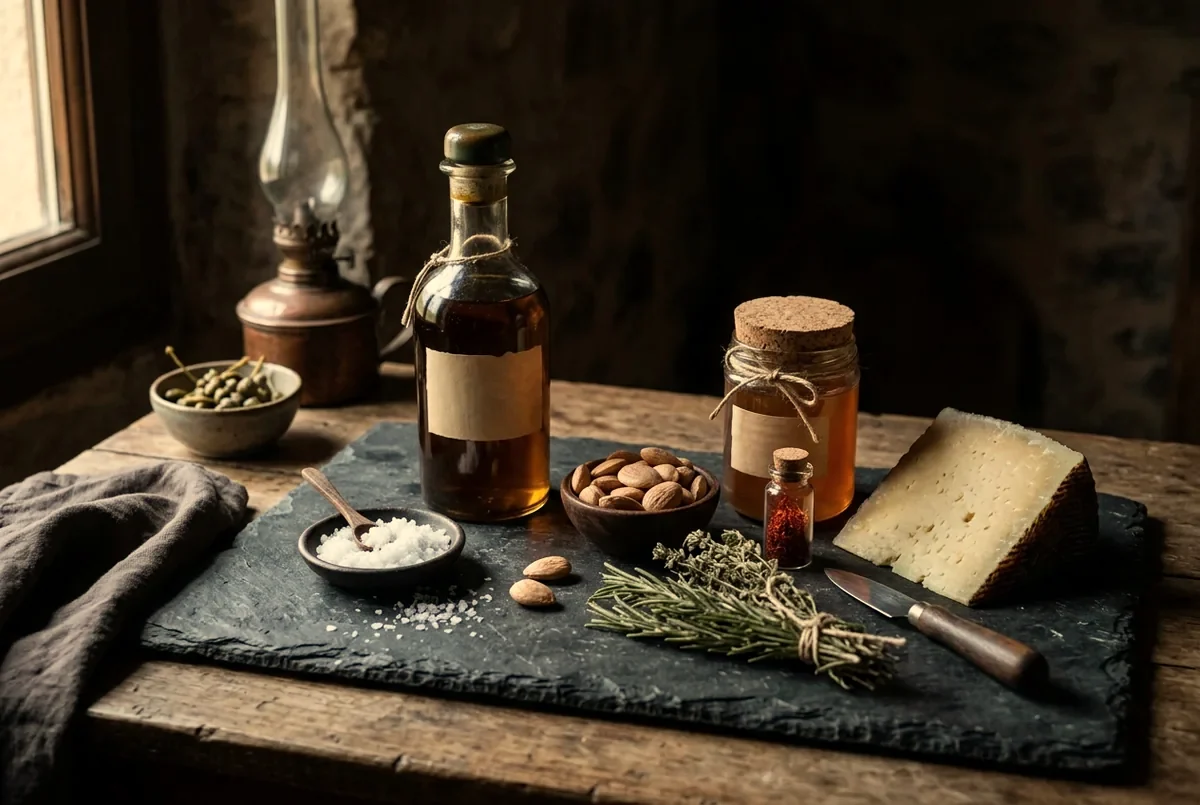 Mediterrane Feinkost auf dunklem Schiefer: Olivenöl, Meersalz, Mandeln, Honig, Safran, Hartkäse