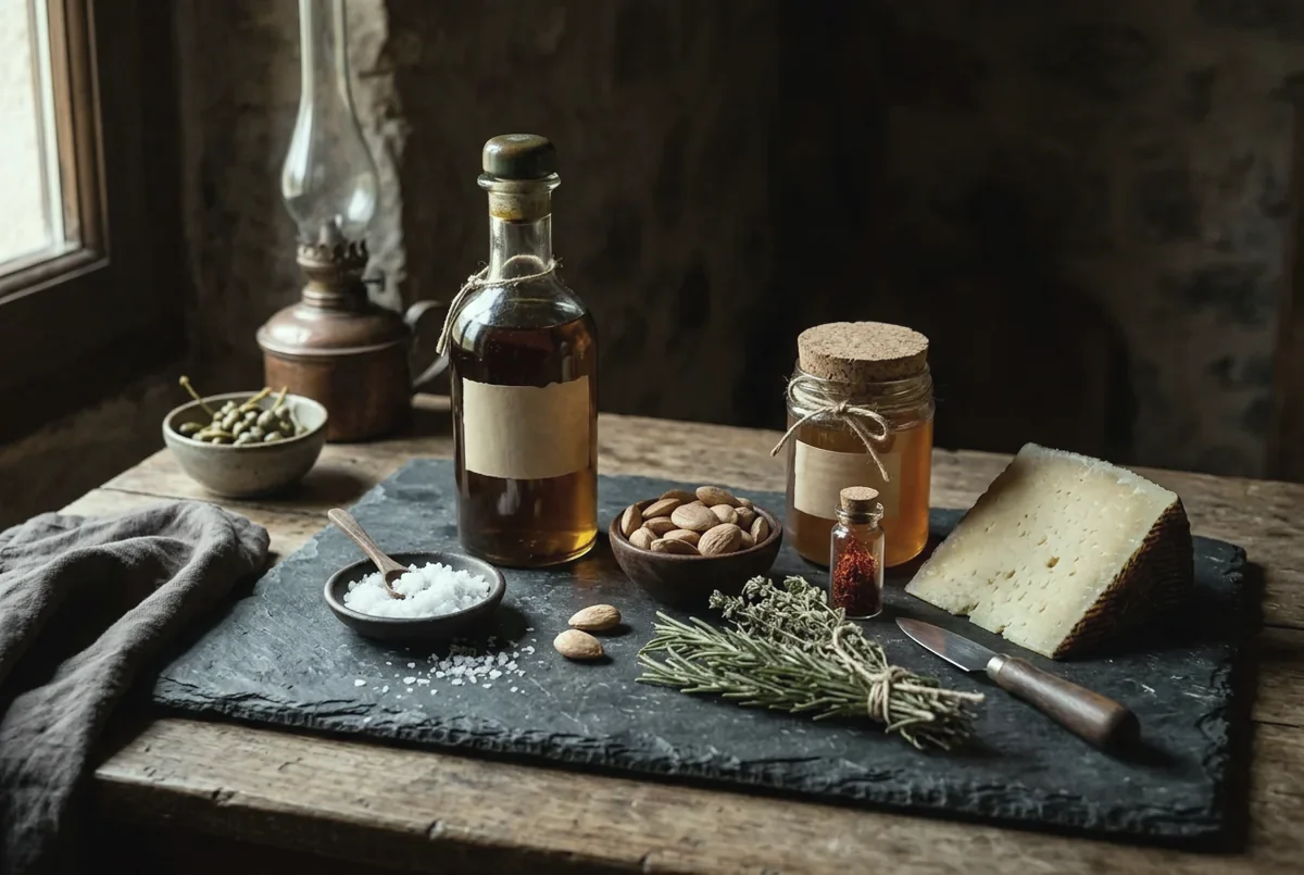 Mediterrane Feinkost auf dunklem Schiefer: Olivenöl, Meersalz, Mandeln, Honig, Safran, Hartkäse
