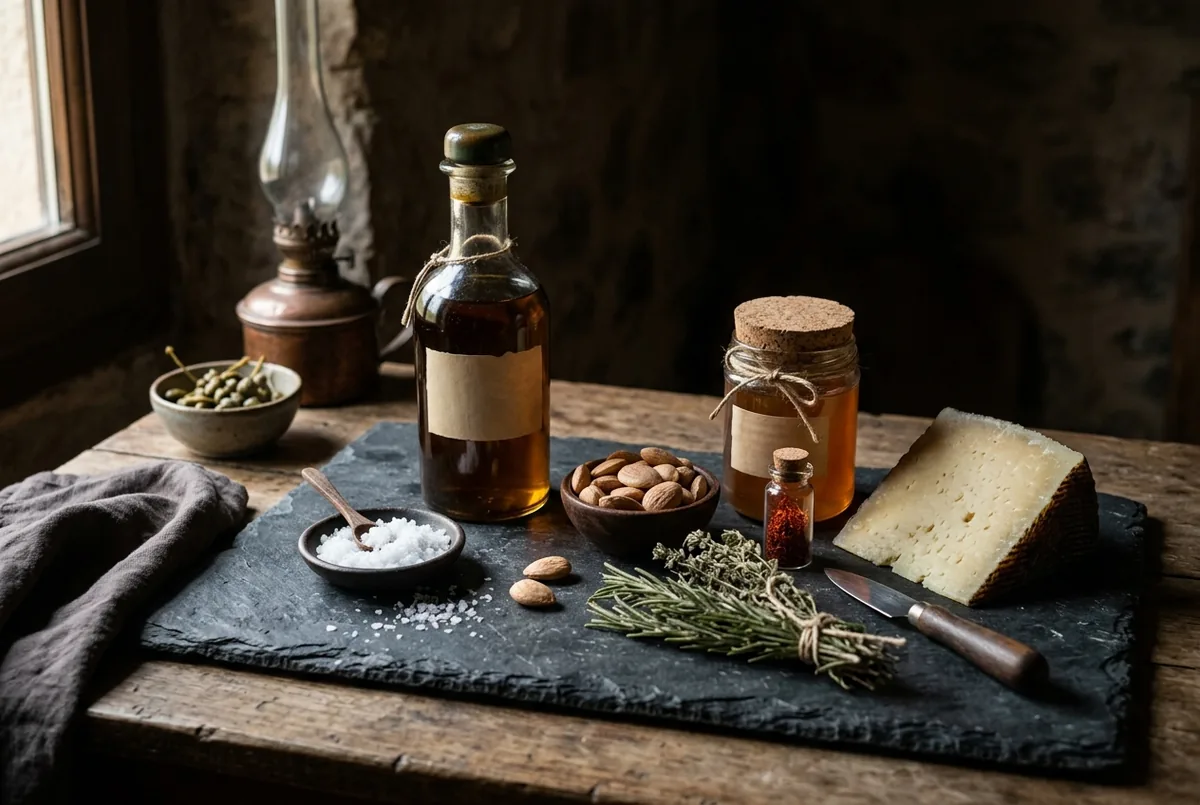 Mediterrane Feinkost auf dunklem Schiefer: Olivenöl, Meersalz, Mandeln, Honig, Safran, Hartkäse