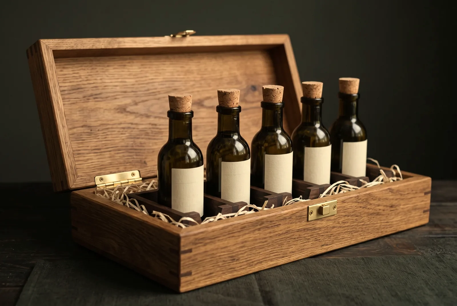 Geöffnete Geschenkbox aus Eiche mit fünf kleinen Olivenölflaschen