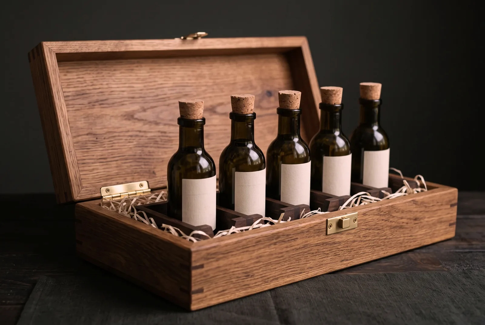 Geöffnete Geschenkbox aus Eiche mit fünf kleinen Olivenölflaschen