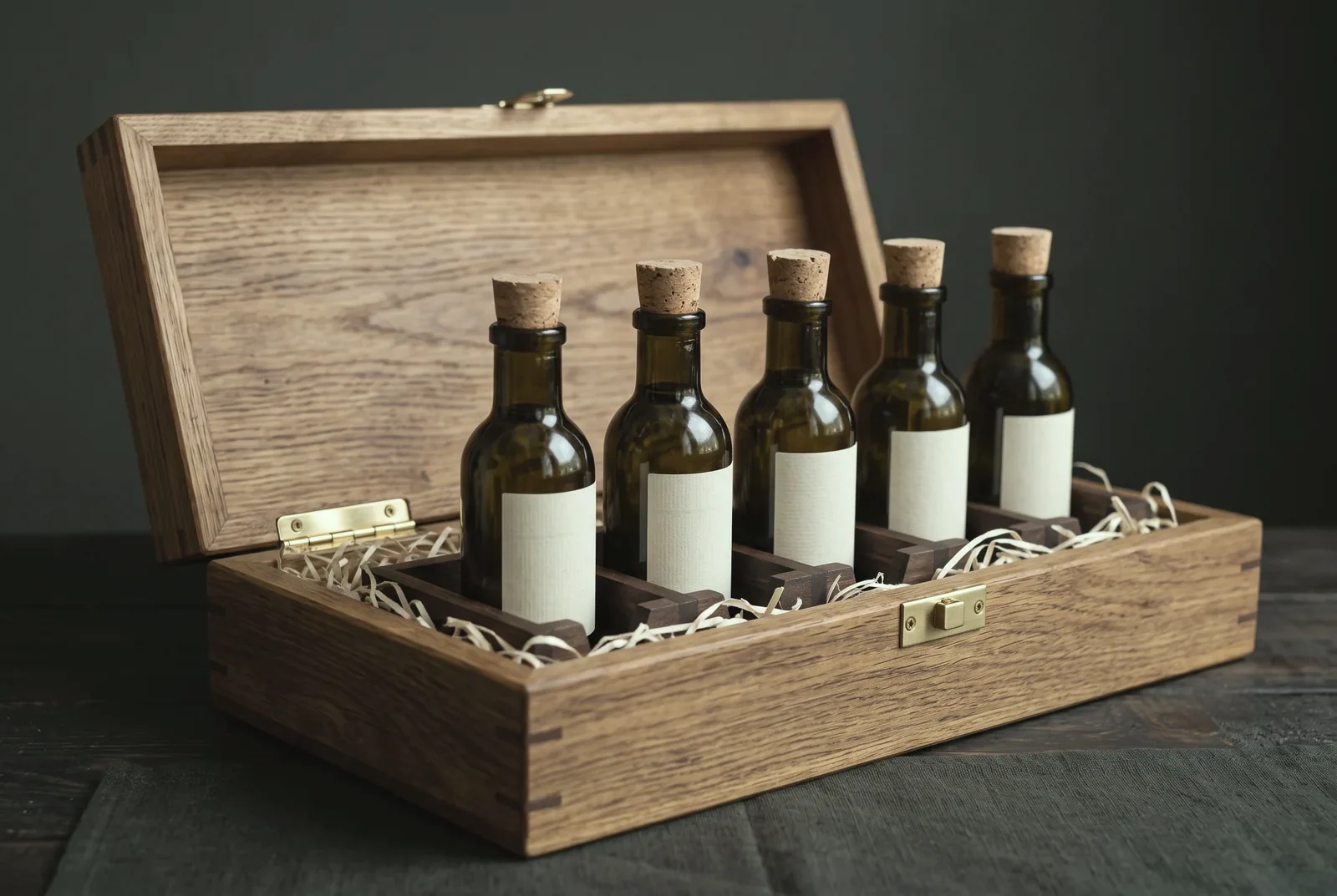 Geöffnete Geschenkbox aus Eiche mit fünf kleinen Olivenölflaschen