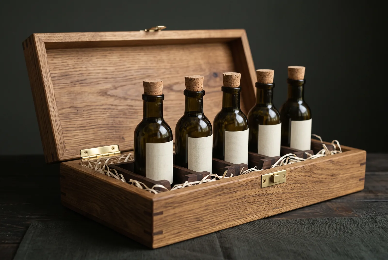 Geöffnete Geschenkbox aus Eiche mit fünf Olivenölflaschen