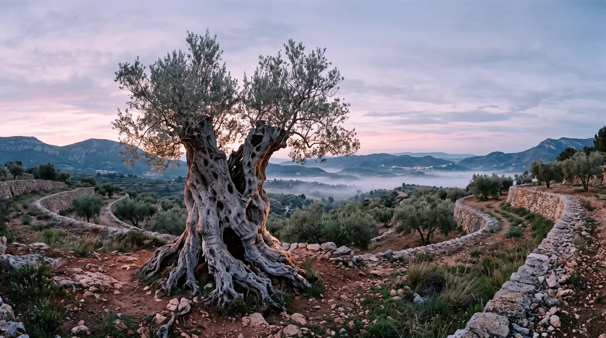 Ein über tausend Jahre alter Farga-Olivenbaum mit hohlem, gedrehtem Stamm im Morgennebel
