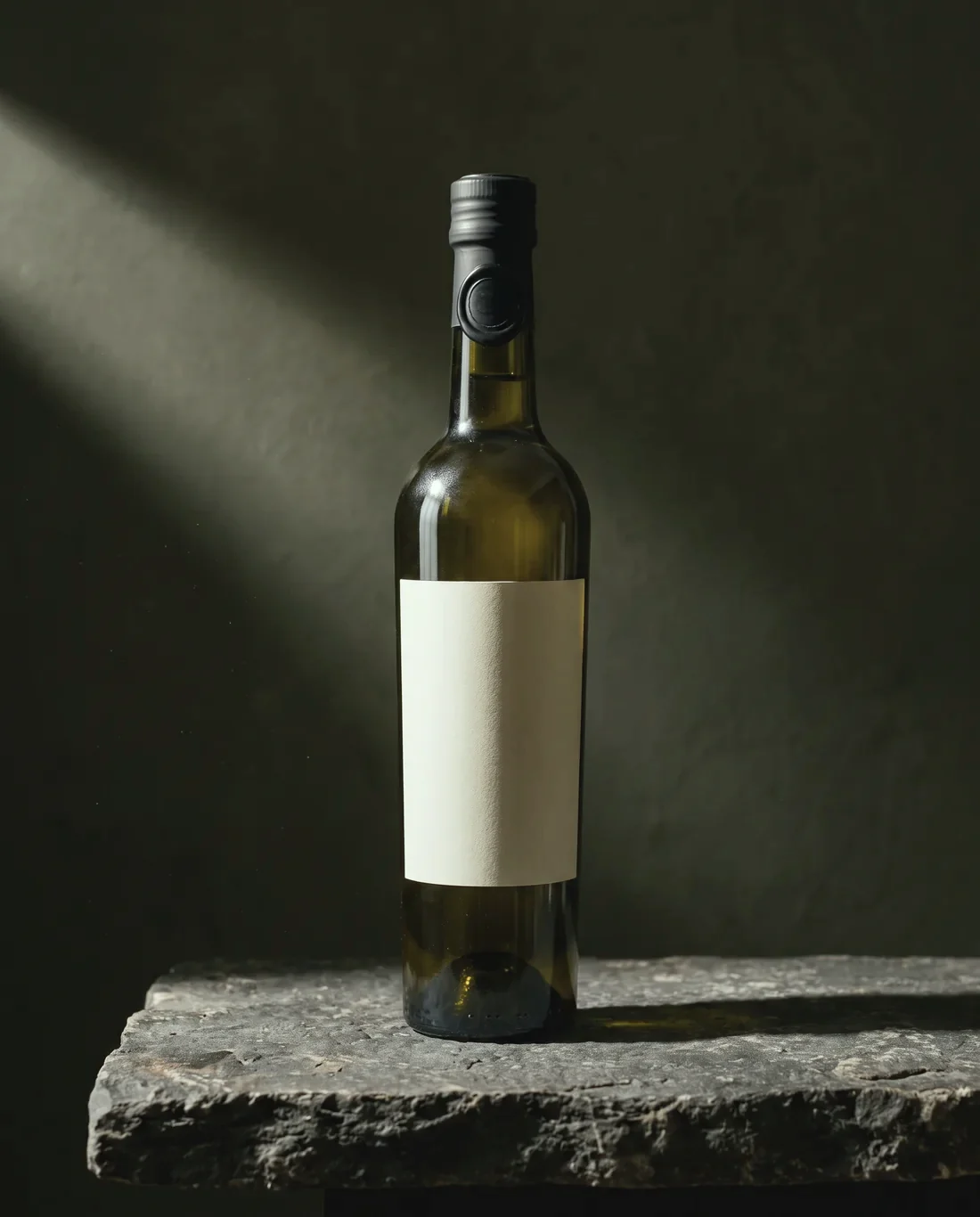 Flasche Farga Milenario, 500 ml, auf einer Kalksteinplatte im Streiflicht